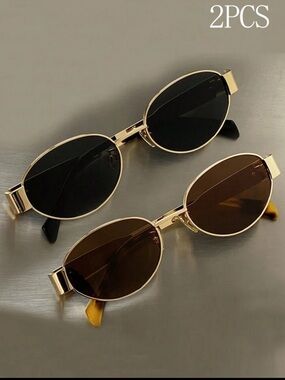 Gold Frame Oval Sunglasses - Black and Brown Lenses